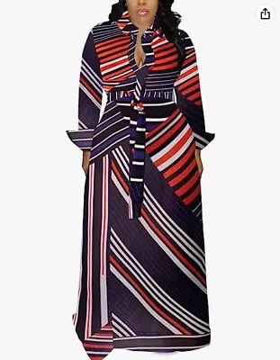 Women's Striped Print V Neck 3/4 Sleeve High Slit Long Maxi Dress Without Belt • $35