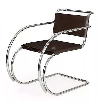 Circa 1970s Mies Van Der Rohe Leather & Chrome Steel MR20 Armchair • $1900