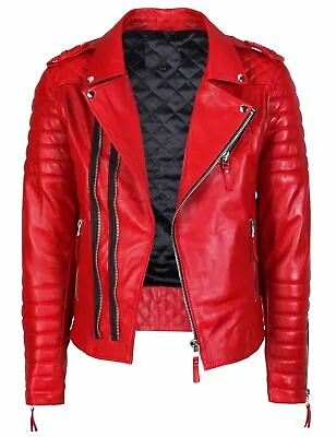 Men's Leather Jacket Motorcycle Red Slim Fit Biker Genuine Lambskin Jacket Cafe • $148.99