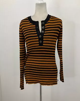 Karl Lagerfeld Brown & Black Striped Ribbed Long Sleeve Henley Shirt S • $10