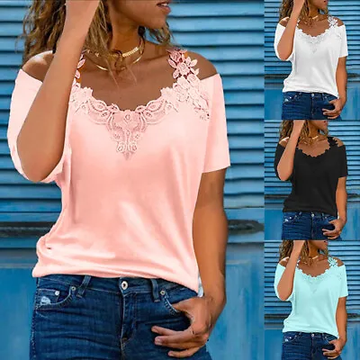 $15.79 • Buy Plus Size Women V-Neck Cold Shoulder Tops Short Sleeve Casual Blouse T-Shirt Tee