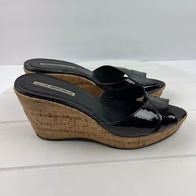 Via Spiga Womens Sandals 9 M Pointed Cork Wedge Platfrom Black Patent Leather • $21.99