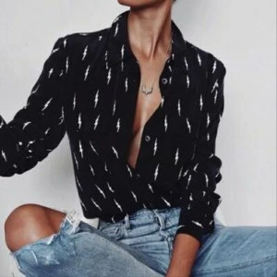 £49 • Buy £280 Kate Moss Equipment Womens Black Slim 100% Silk Shirt Top Lightning Print
