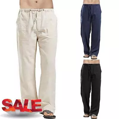 $7.59 • Buy Mens Summer Beach Cotton Linen Pants Casual Yoga Drawstring Elasticated Trousers
