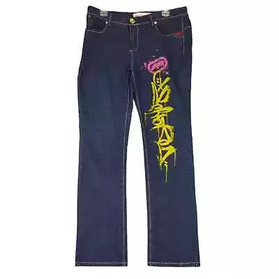 Ecko Red Denim Graffiti Art Dark Wash Boot Cut Stretch Jeans Women's 14 34x32 • $25