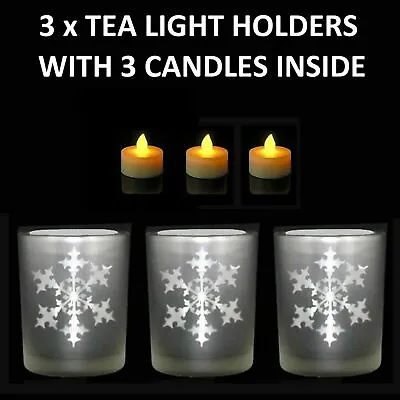 £5.99 • Buy 3 Pcs Glass Candle Holder With Led Tea Light  Candles Christmas Ornament Gift 