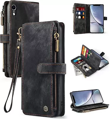 IPhone XR Case - Card Holder Wristlet Zipper Shockproof Black • £12.99