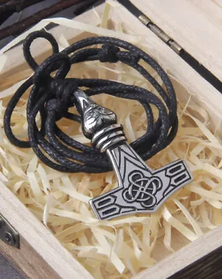 Men’s Necklace Stainless Steel Thor Hammer Norse Pendant With Rope & 2mm Chain • £4.97