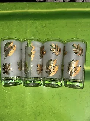 Vintage Libbey Frosted Leaf Highball Glass Gold Paint & Trim 5.5  MCM Cocktail • $9.99