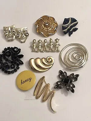 $18.88 • Buy Vintage Brooches Lot 10 Gold Silver Tone Faceted Stones Mask Elegant Honey Pins