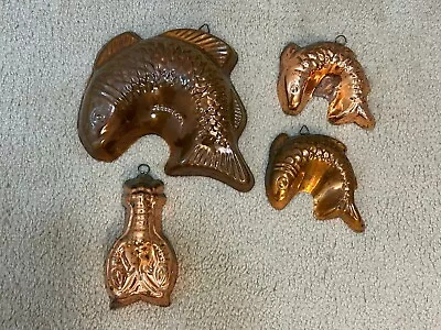 Lot Vintage Copper Tin Lined Fish And Lobster Cake Pan Jello Mold Hanging Loops • $19.99