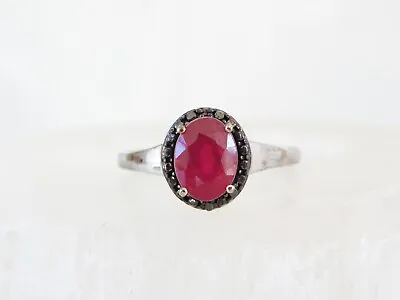 Vintage Sterling Silver 925 Natural Ruby Black Diamond Halo Ring Size 7 • $42.75