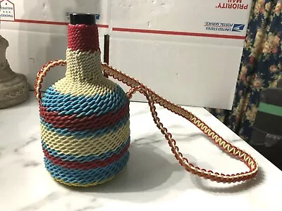 Vintage Plastic Wicker Wrapped Wine Bottle Decanter W/long Strap For Hanging • $59.99