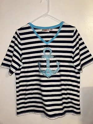 Women’s Quackerfactory Top Size Large Anchor Sequins Aqua Navy Stripes • $17