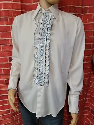 1970's Vintage After Six Fashion White/blue Ruffled Shirt Size M-4 #R2 • $97.10
