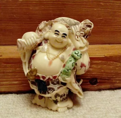 Small Vintage Resin Laughing Buddha With Carrying Pole And Baskets - 8cm *VGC* • £49.99