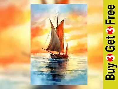 Serene Sailing Ship Watercolor Print - 5  X 7  Nautical Sunset Art • £4.99