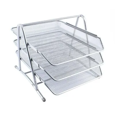 3 Tier Office Filing Tray Document Paper Holder A4 Wire Mesh Storage Rack Silver • £10.99