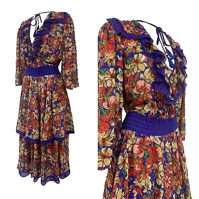 Vtg Vintage 1980s 80s Designer Diane Freis Floral Ruffle Tiered Ultra Fem Dress • $120