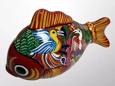 Vintage Terra Cotta Pottery Hand Painted Talavera Style Fish Piggy Bank Mexico • $17.99