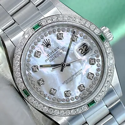 Rolex Mens Datejust Steel Watch White Mop Dial Diamond Bezel 36mm 1601 1.80ctw • $5895