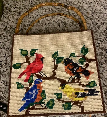 Needlepoint Birds Tote Bag Handmade Birds Branches Two Sided Bamboo Handles 11” • $21