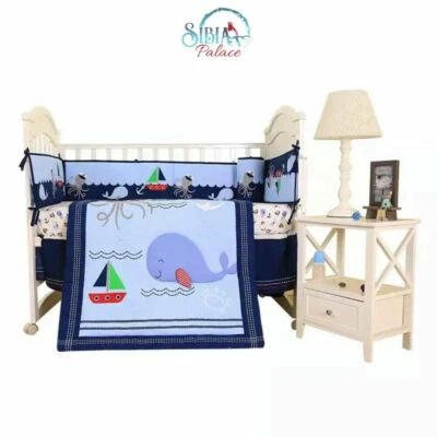 $112.88 • Buy Baby Boy 7 Piece Navy Blue Sailor Whale Ship Cotton Nursery Bedding Crib Cot Set