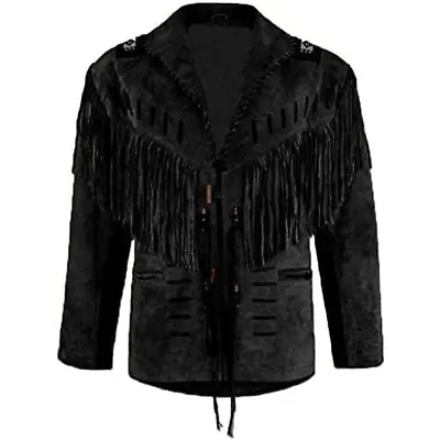 Mens Native American Cowboy Leather Western Suede Fringe & Beads Hunter Jacket • $119.99