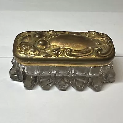 Art Nuevo Rectangular Glass Trinket Box Ring Coffin Embossed Gold Tone Metal Lid • $25
