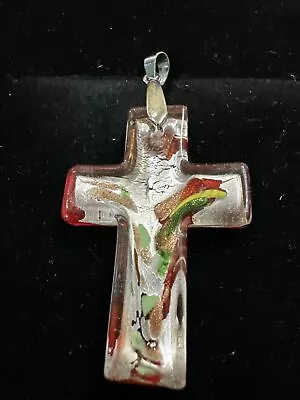 Hand Blown Glass Reversible Cross Pendant Murano Multi Color 2.50” 18KGP • $19