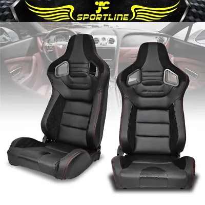 Universal Pair Reclinable Racing Seat Dual Slider Black Suede PU Carbon Leather • $349.99