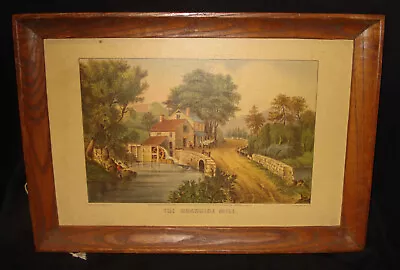 Vintage Currier & Ives The Roadside Mill Water Fishing Picture Print Oak Frame • $5