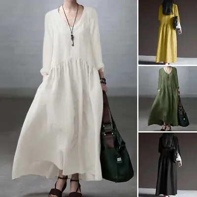 UK 8-24 Women Long Sleeve V Neck Solid Cotton Dress Oversize Kaftan Maxi Dresses • £21.99
