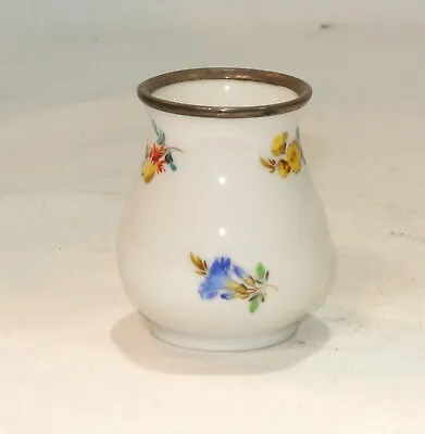 Antique MEISSEN Porcelain Toothpick Holder Miniature Vase Sterling Silver Rim • $45.95