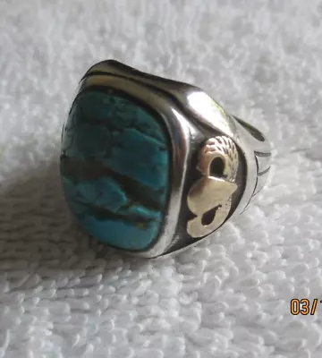 Very Nice Men's Sterling Silver 10Kt Gold Turquoise Ring Size 9.5 • $200