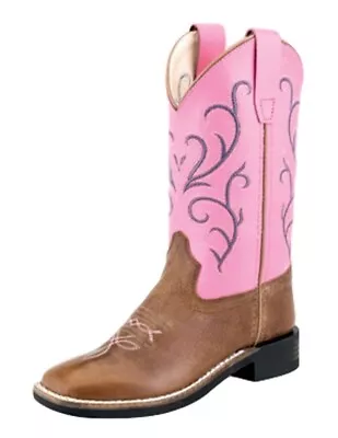 Old West Western Boot Girl Broad Square 8.5 Infant Tan Pink BSC1869 • $30