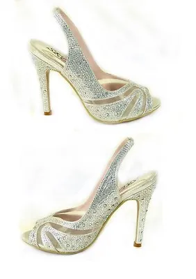 New Womens Dressy Peep Toe Slingback Heel Ladies Diamante Bridal Prom Sandals • £9.99