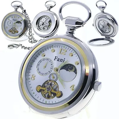 Pocket Watch Mechanical Tourbillon Moon Phase Silver Men Small Second 46 MM 298 • $49.99