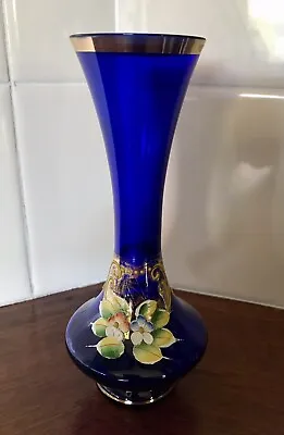 Vintage Blue Glass Vase With Gold Gilt And Hand Painted Flowers 18cm Height • $28