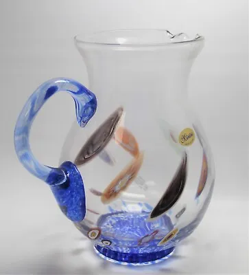 Murano Lavorazione Millefiori Large Pitcher Blue Sticker 9 1/2  Tall • $49.99