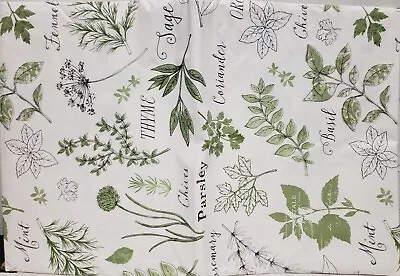 Flannel Back Vinyl Tablecloth 52 X104  Oblong VARIOUS GREEN HERBS ON WHITE AP • $17.99