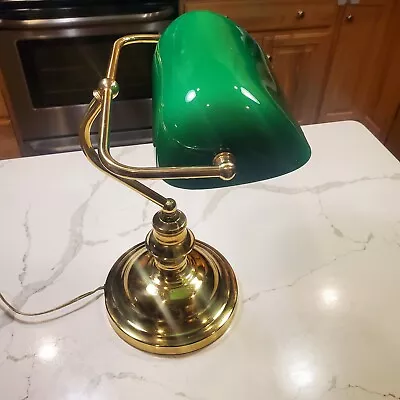 Vintage Bankers Desk Lamp Adjustable Swivel Arm Emerald Green Cased Glass Shade • $67.20