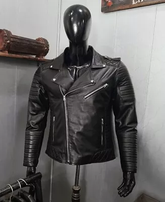 Men Black Leather Biker Jacket Mens Motorcycle Leather Jacket Riding Jacket • $89