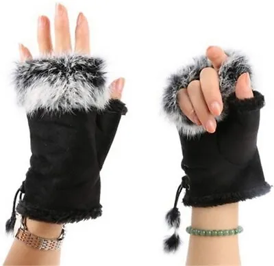£5.99 • Buy Women Winter Fingerless Suede Fur Gloves Mittens Soft Warm Fleece Lined UK