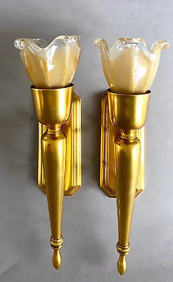 Pair Vintage Brass Gold Tone Torch Sconces With Murano Shades • $850