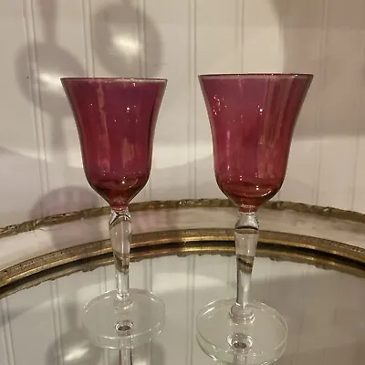 Cranberry Glass Optic Panel Clear Stem Set Of Two - Vintage 6” Glass Wine • $9.95