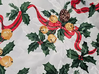 Vintage Christmas Holiday Tablecloth Damask Pinecones Bells Red Ribbons 68 X54  • $4.25