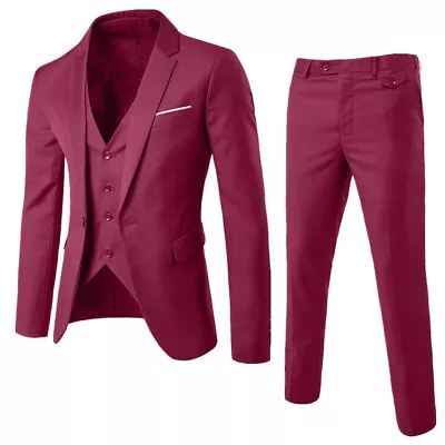 Men’s Suit Slim 3-Piece Suit Blazer Business Wedding Party Jacket Vest &1 PantsA • $53.91