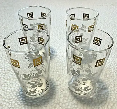 4 Gold Greek Key White Flowers Juice Glasses MCM Barware Retro Trailer Vintage  • $14.99