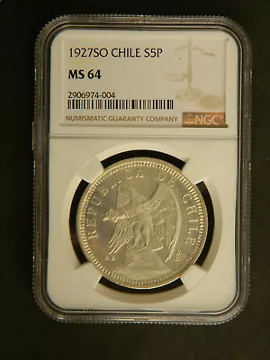 Chile 5 Pesos 1927So; NGC MS 64 • $100